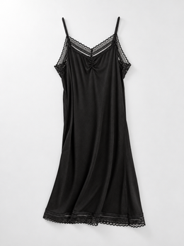 V Neck Silk Knit Lace Slip in Black