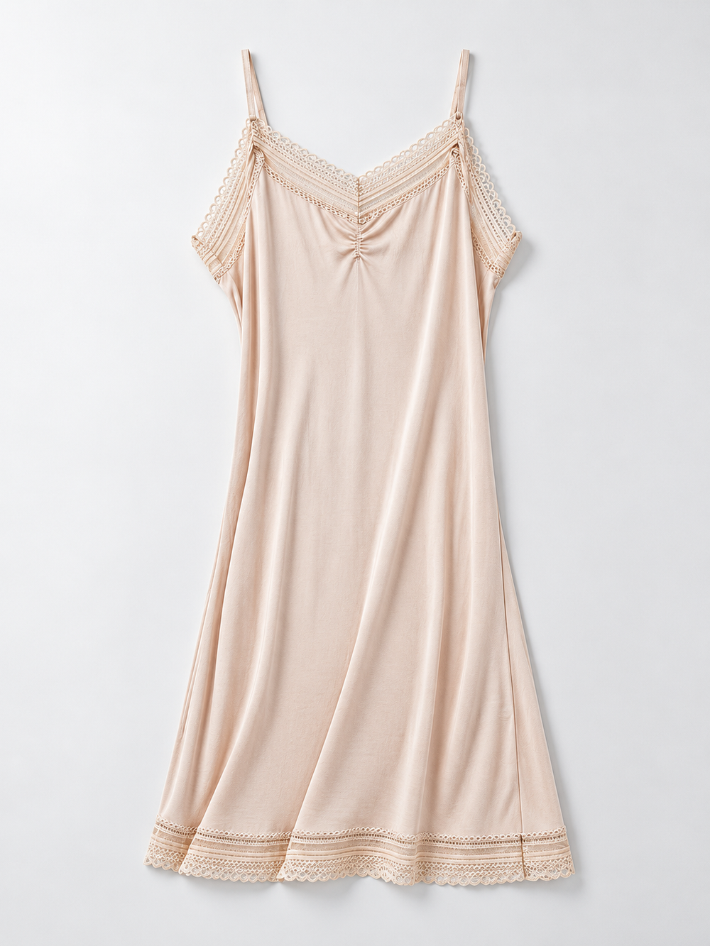 V Neck Silk Knit Lace Slip in Nude