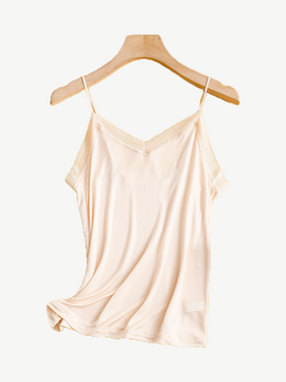 V Neck Silk Viscose Lace Camisole in Peach Nude