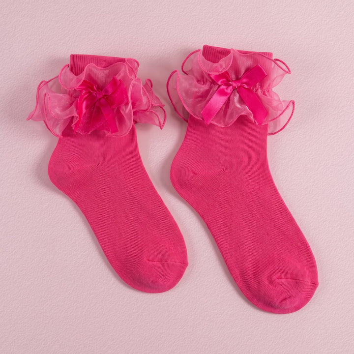 FRILLORA Women's Big Ruffle Bow Dress Socks - Hot Pink - 1 Pair
