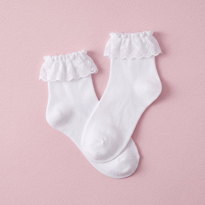 FRILLORA Women's White Ruffle Ankle Socks with Lace Trim - White - 1 Pair