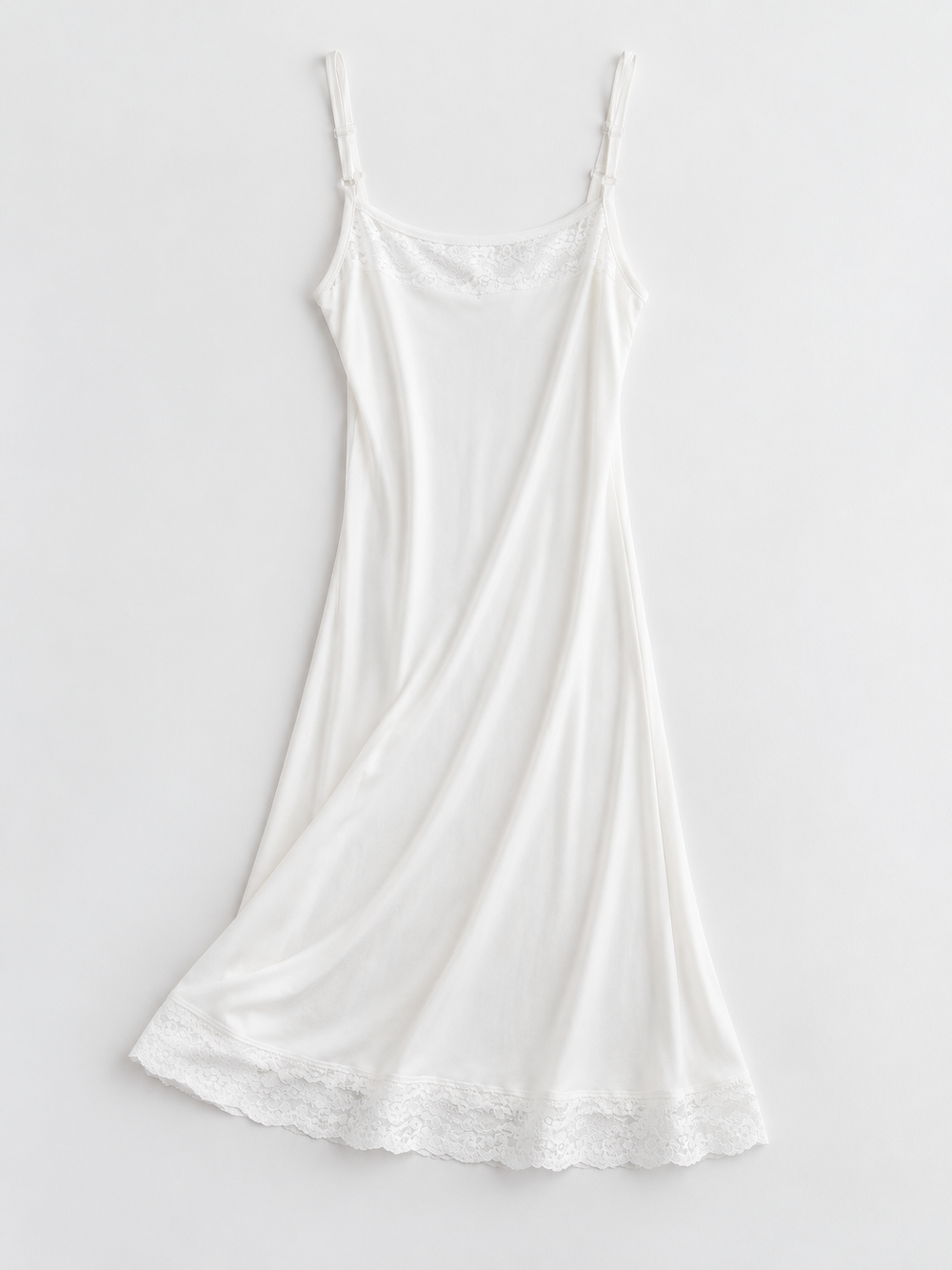 Adjustable Strap Silk Knit Lace Slip in White