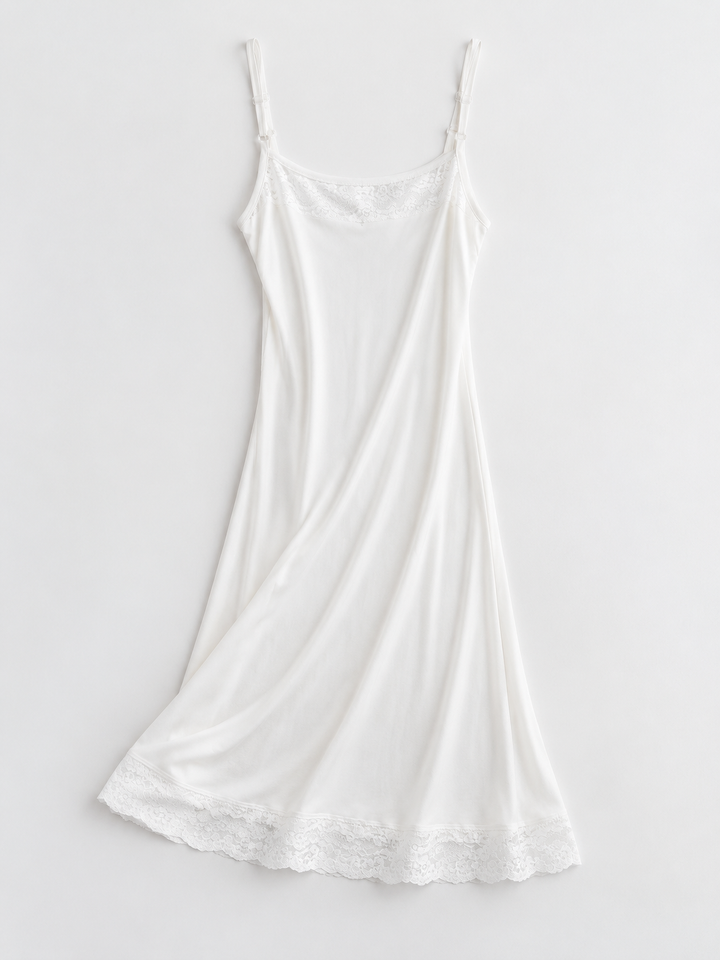 Adjustable Strap Silk Knit Lace Slip in White