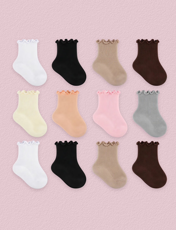 FRILLORA Baby & Toddler Girl Ruffle Crew Socks, 12 Pairs - White, Khaki, Brown, Black, Beige, Apricot, Pink, Grey - 12 Pairs