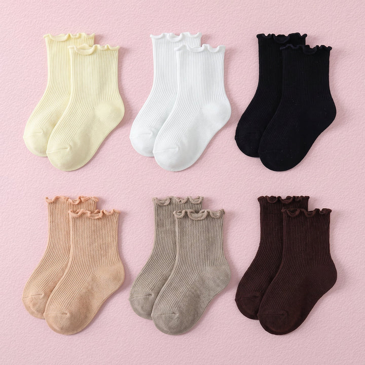 FRILLORA Baby & Toddler Girl Ruffle Crew Socks - White, Khaki, Brown, Black, Beige, Apricot - 6 Pairs