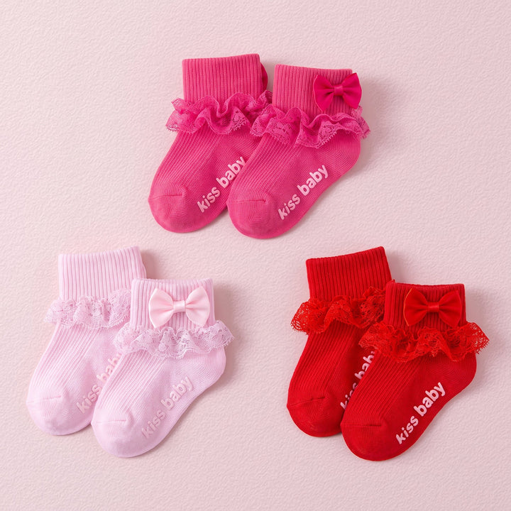 FRILLORA Baby Girl Ruffle Bow Grip Socks - Pink, Hot Pink, Red - 3 Pairs