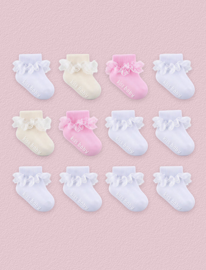FRILLORA Baby Girl Ruffle Grip Socks with Lace Cuff, 12 Pairs - White, Beige, Pink - 12 Pairs
