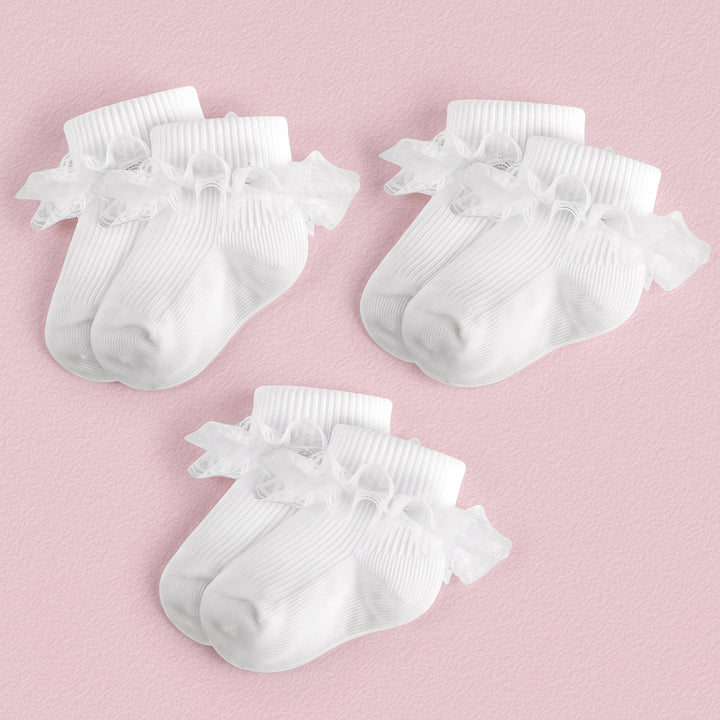 Baby Girl Ruffle Socks with Eyelet Lace Turn-Cuff in white
