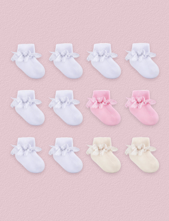 FRILLORA Baby Girl Turn-Cuff Ruffle Dress Socks, 12 Pairs - White, Beige, Pink - 12 Pairs