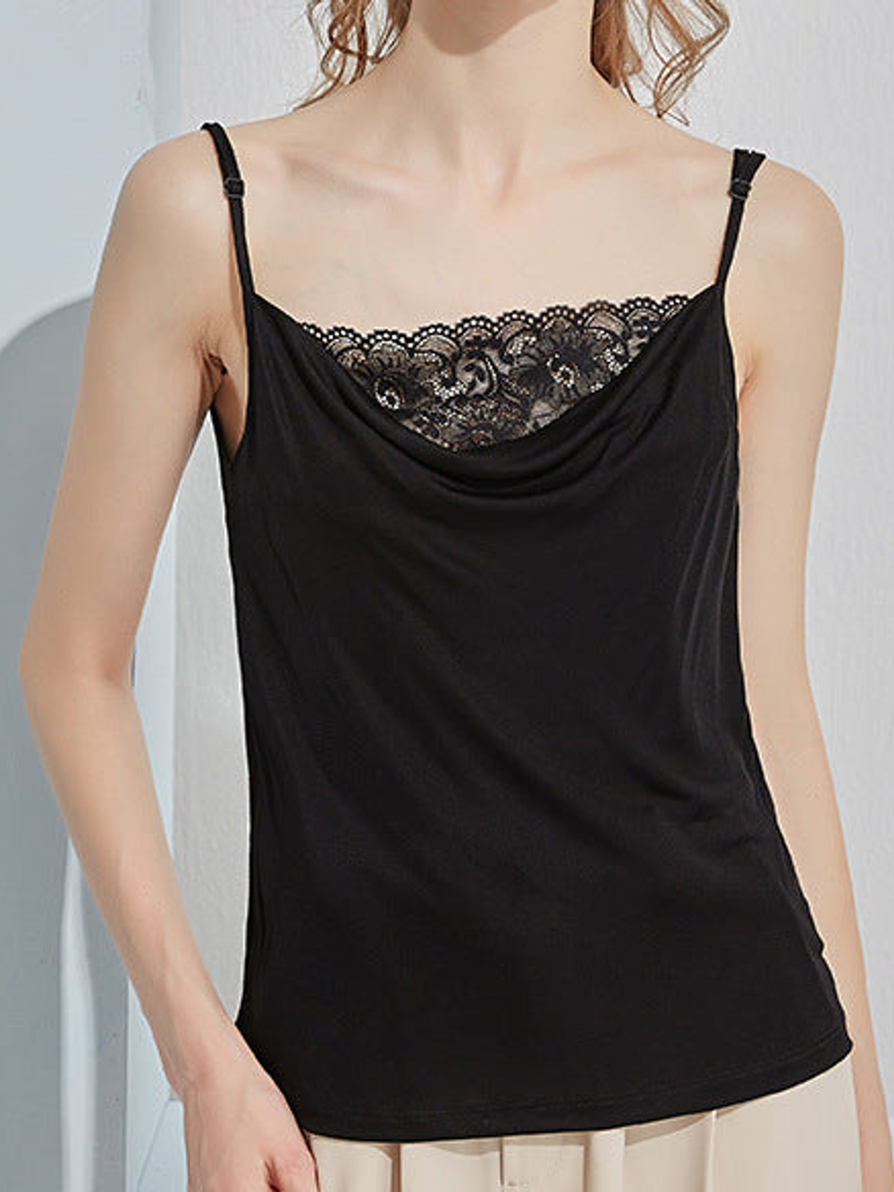 Cowl Neck Silk Viscose Lace Camisole in Black