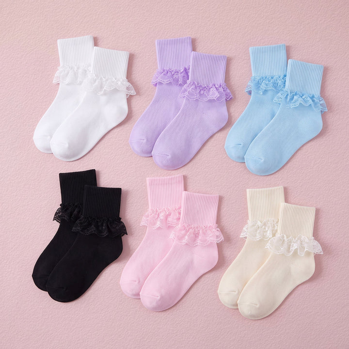 FRILLORA Girls Frilly Ruffle Princess Dress Socks - White, Beige, Purple, Pink, Blue, Black - 6 Pairs