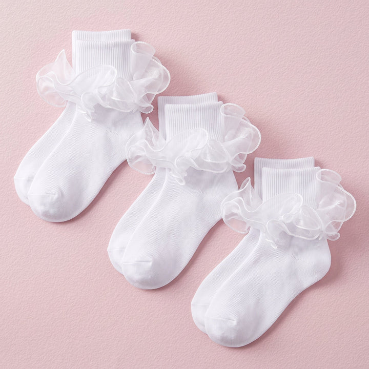 FRILLORA Girls Ruffle Socks with Double Lace Turn-Cuff - White - 3 Pairs