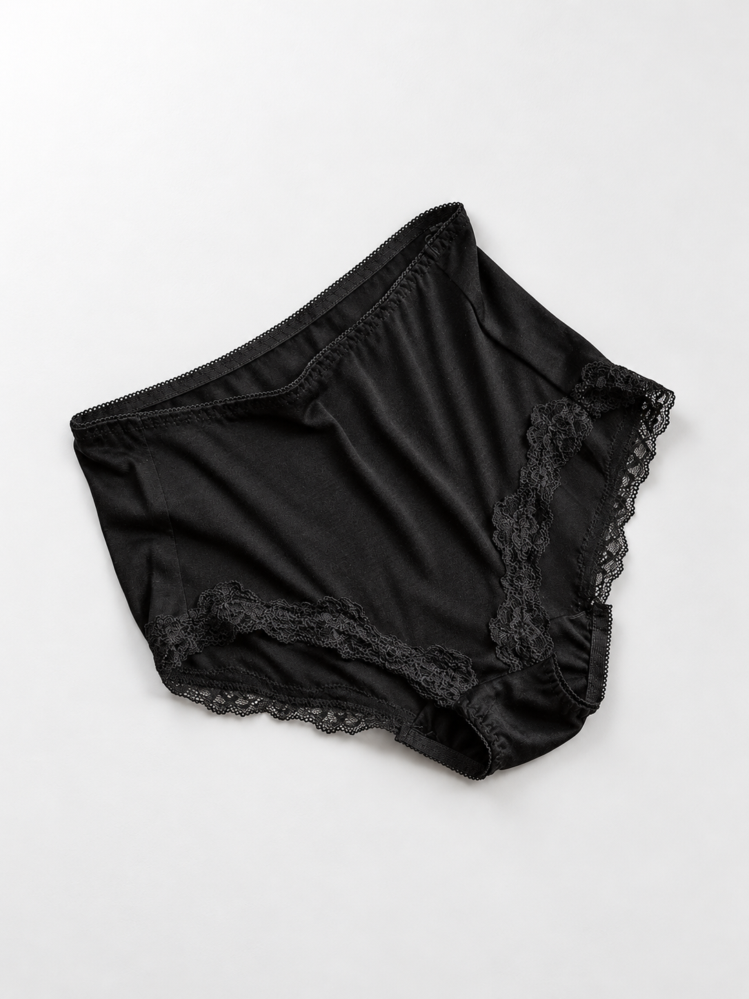High Rise Silk Briefs with Scalloped Lace in Black