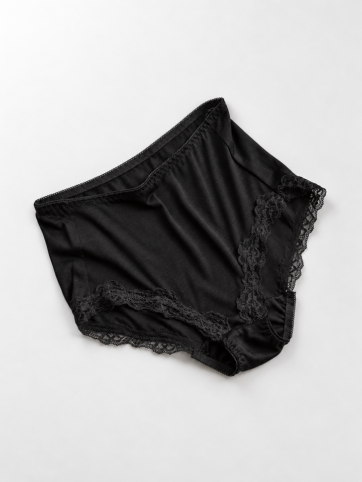 High Rise Silk Briefs with Scalloped Lace in Black