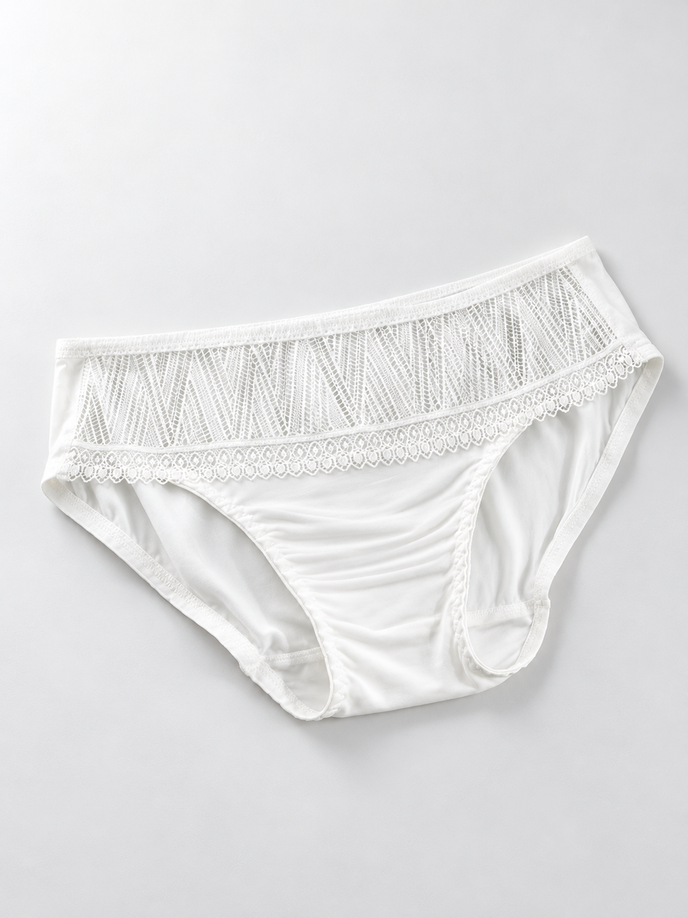 Low Rise Silk Briefs with Geometric Lace in White