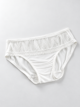 Low Rise Silk Briefs with Geometric Lace in White