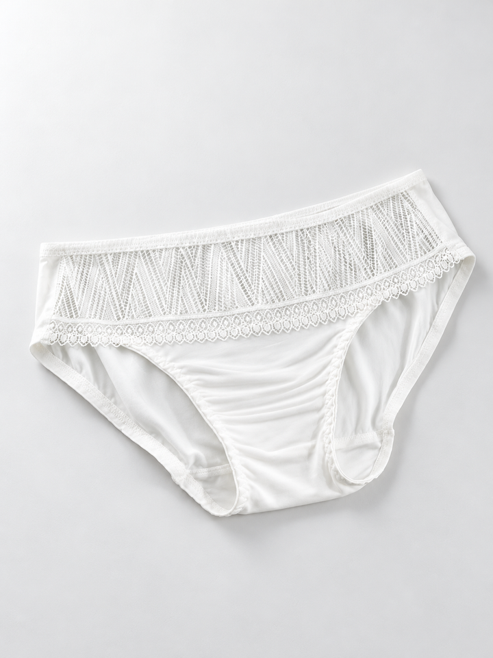 Low Rise Silk Briefs with Geometric Lace in White