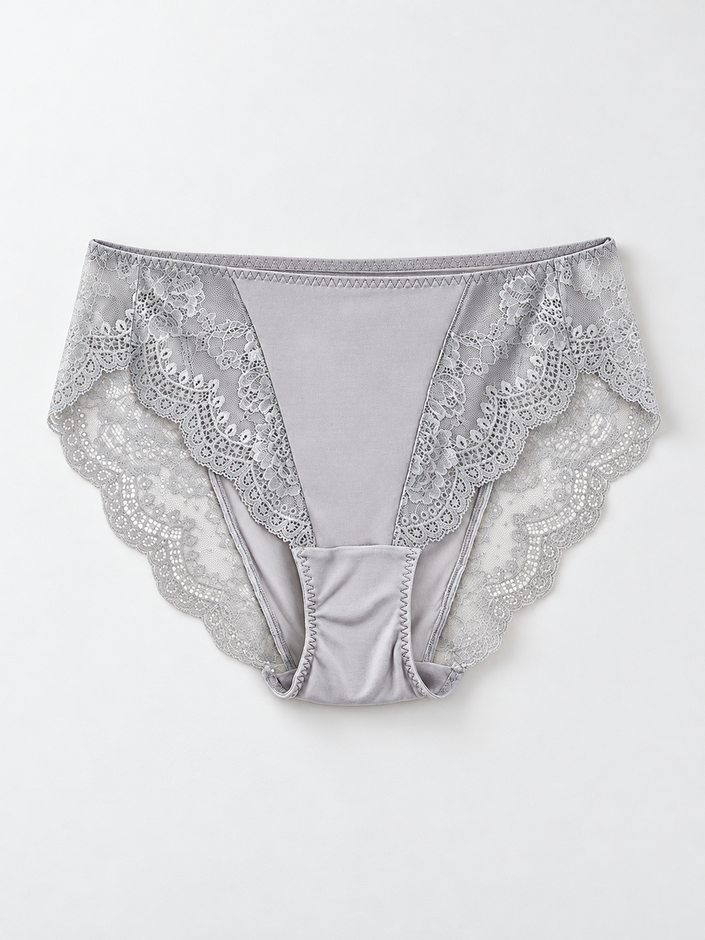 Mid Rise Silk Briefs with Lace Panels in Gray