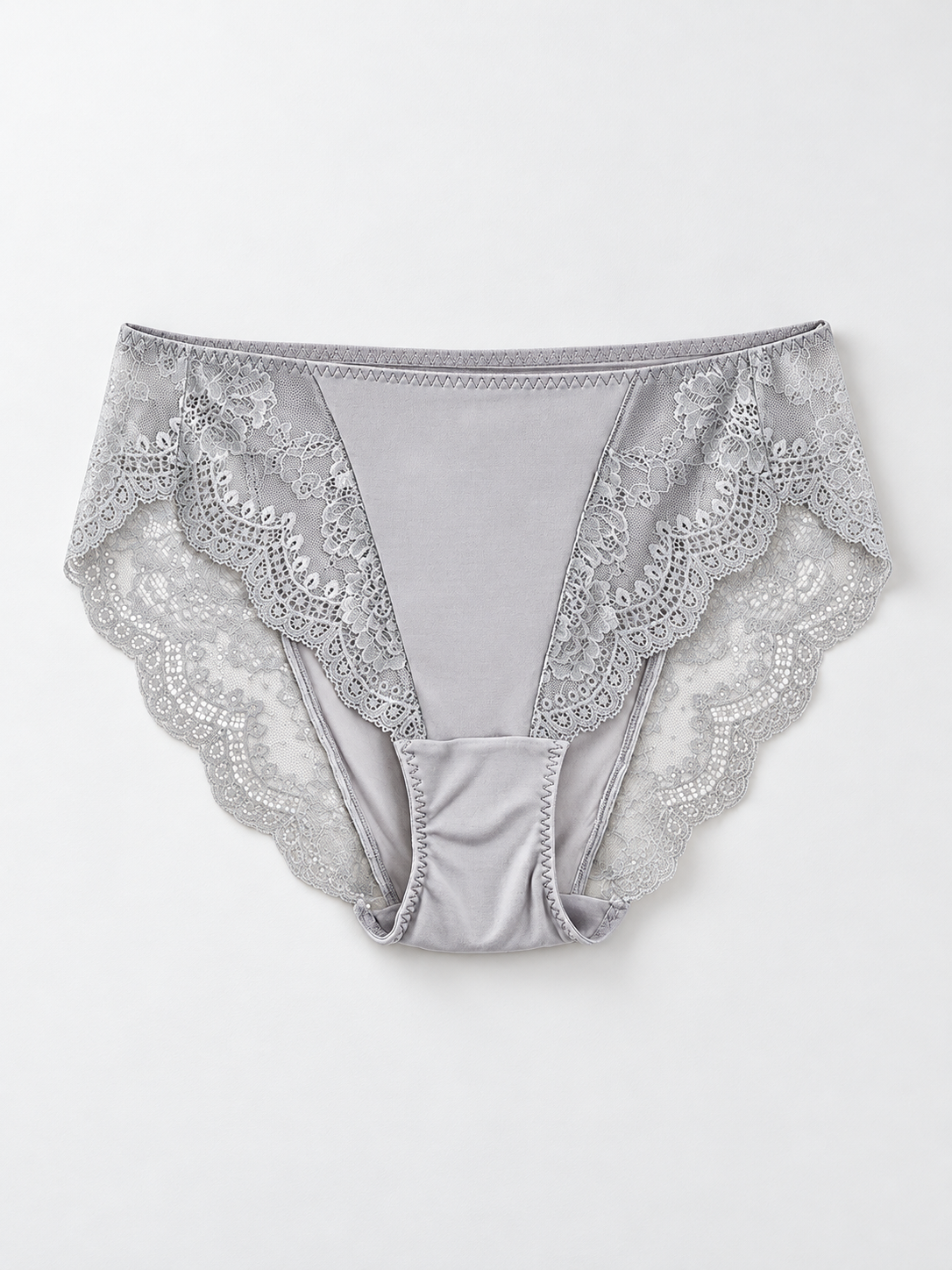 Mid Rise Silk Briefs with Lace Panels in Gray