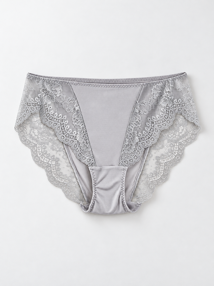 Mid Rise Silk Briefs with Lace Panels in Gray