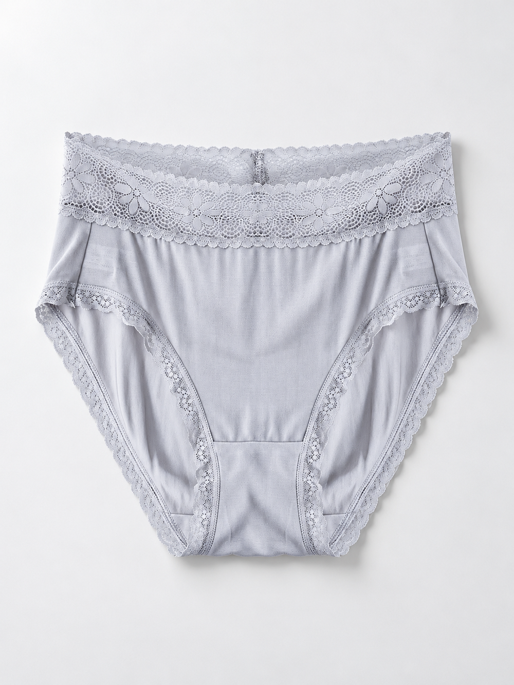 Mid Rise Silk Briefs with Lace Waistband in Gray