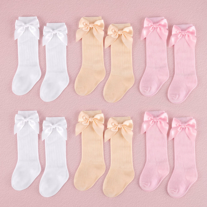 FRILLORA Newborn Baby Knee-High Socks with Bow - White, Beige, Pink - 6 Pairs
