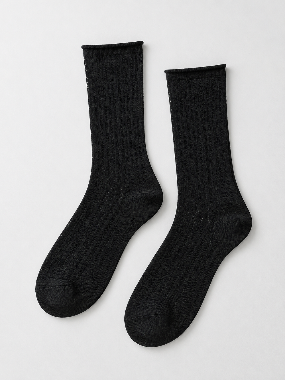 Ribbed Crew Socks with Rolled Cuffs in Black