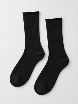 Ribbed Crew Socks with Rolled Cuffs in Black