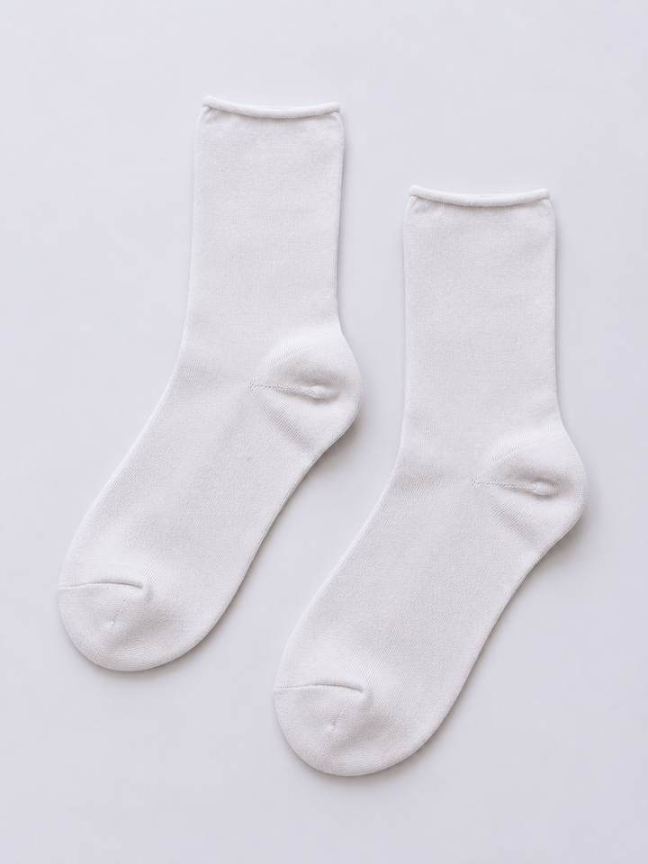 Rolled Cuff Crew Socks in White