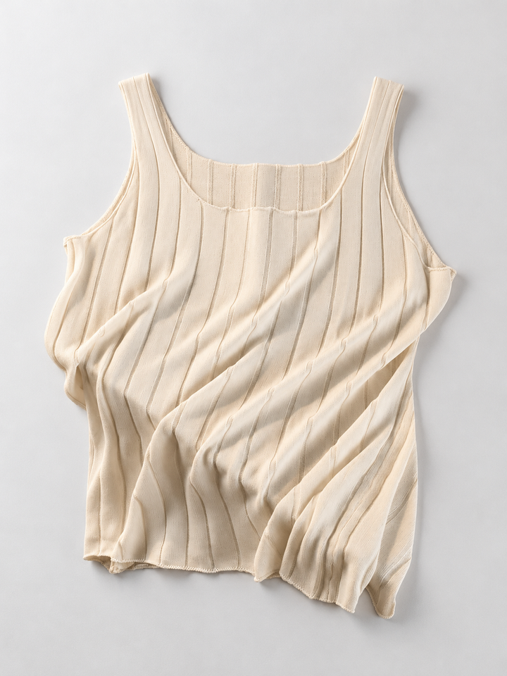Round Neck Silk Lyocell Ribbed Tank in White