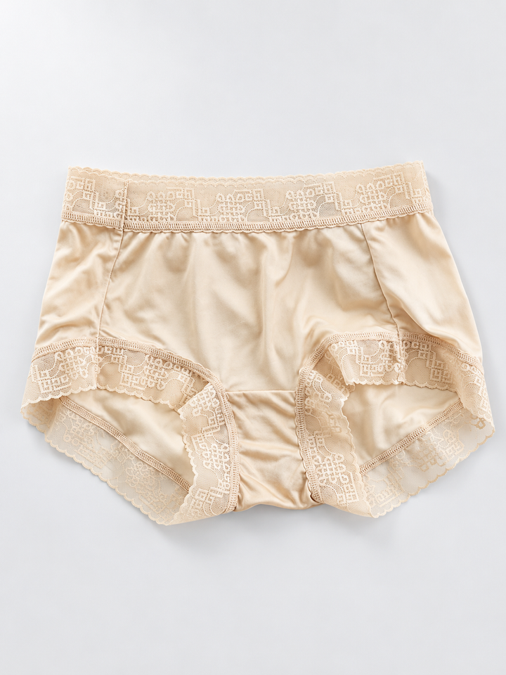 Silk Briefs with Geometric Lace Edging in Nude