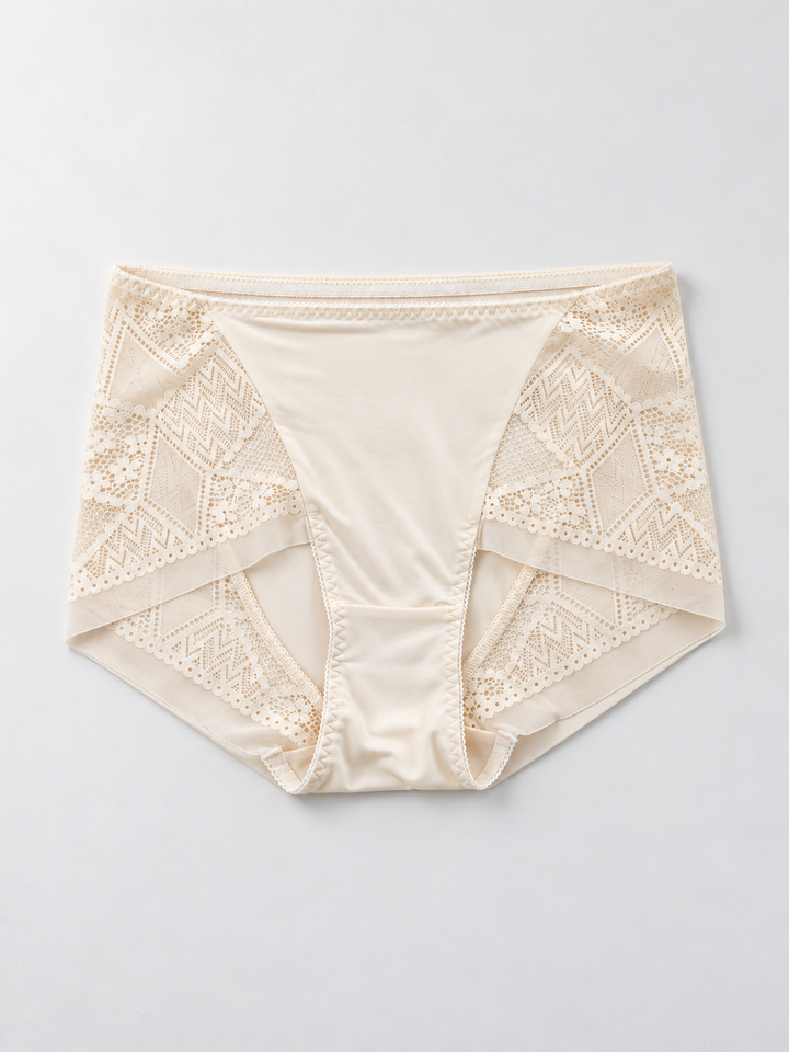 Silk Briefs with Geometric Lace Panels in Nude
