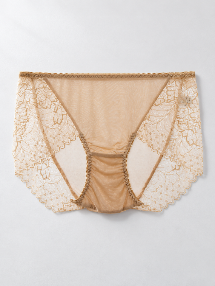 Silk Briefs with Lace Side Panels in Camel