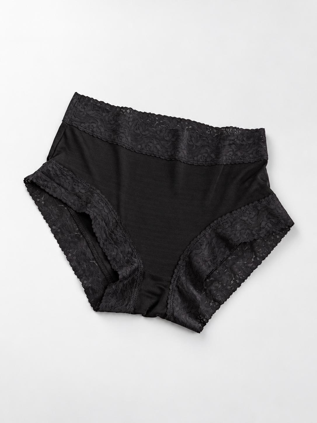 Silk Briefs with Wide Lace Waistband in Black