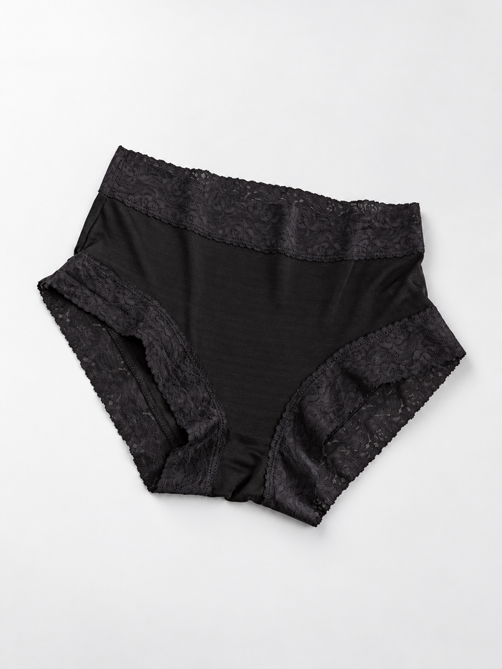 Silk Briefs with Wide Lace Waistband in Black