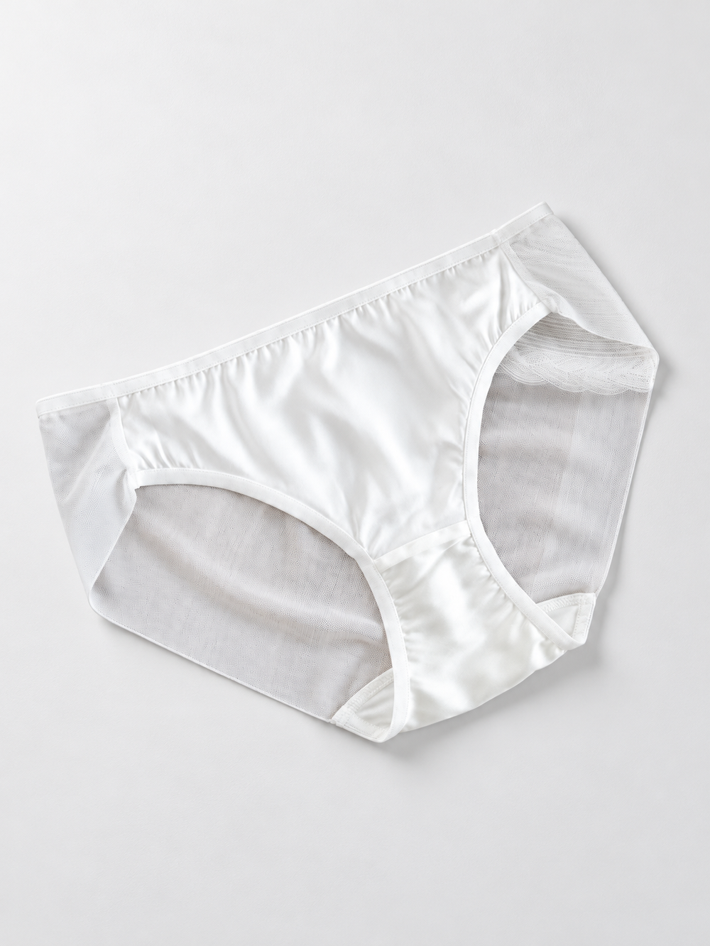 Stretch Silk Satin Briefs with Mesh Panels in White