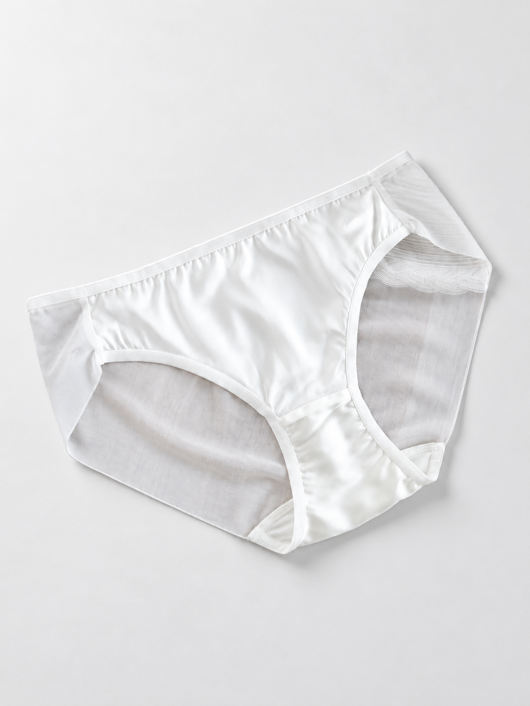 Stretch Silk Satin Briefs with Mesh Panels in White