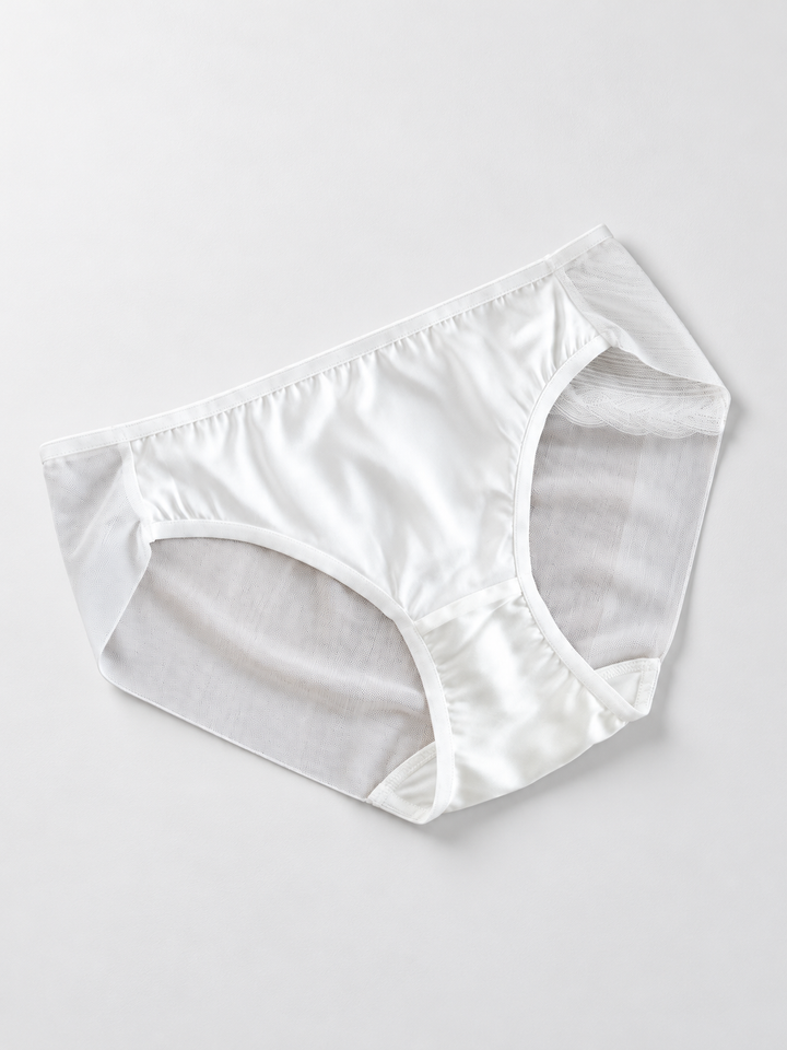 Stretch Silk Satin Briefs with Mesh Panels in White