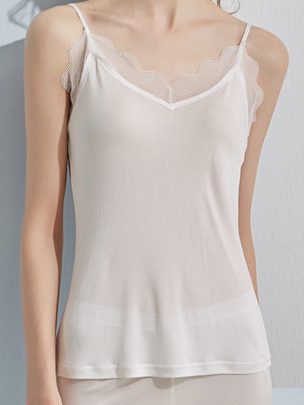 V Neck Silk Acetate Lace Camisole in White