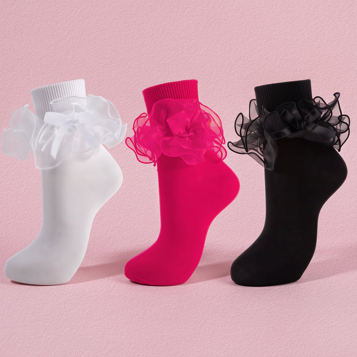 Women's Bow Ruffle Turn-Cuff Socks in black, hot pink and white