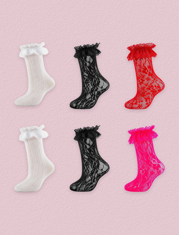FRILLORA Women's Frilly Lace Ruffle Ankle Socks, 6 Pairs - Black, White, Red, Hot Pink - 6 Pairs