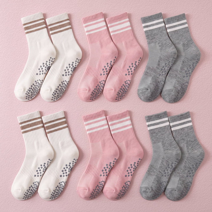 FRILLORA Women's Pilates Grip Socks with Snug Arch Band - Pink, White, Grey - 6 Pairs