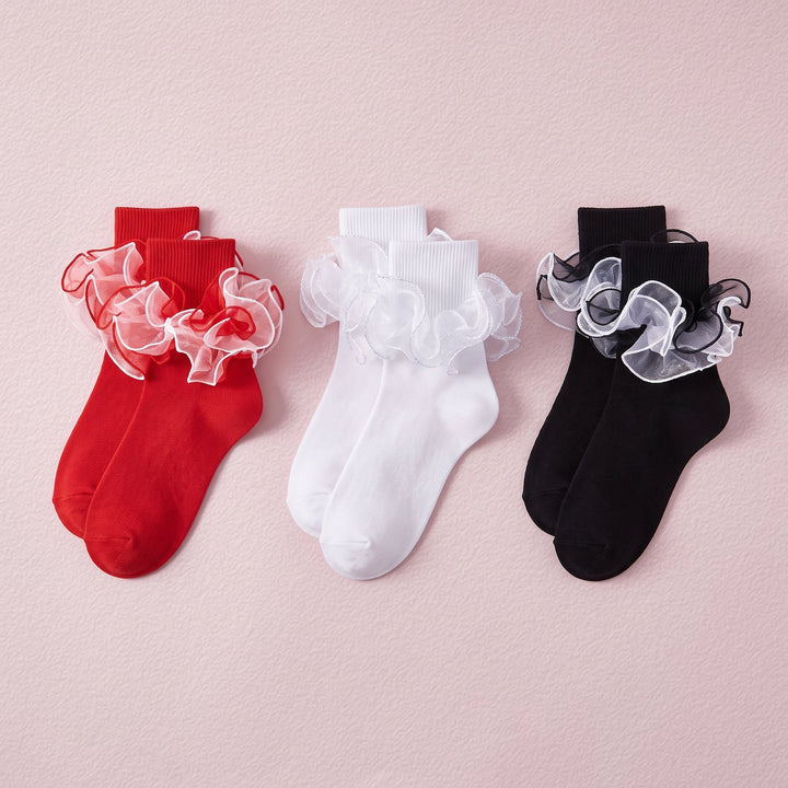 FRILLORA Women's Ruffle Fold-Cuff Dress Socks - Black, White, Red - 3 Pairs